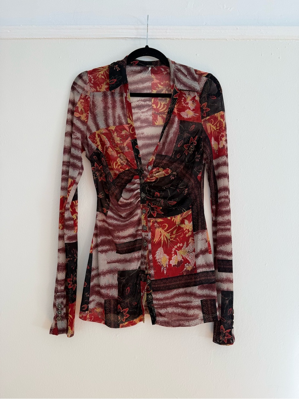Urban Outfitters Red & Black Sheer Patchwork Button-Down Top
